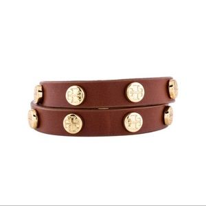 Tory Burch Leather Double-Wrap Logo Stud Bracelet
